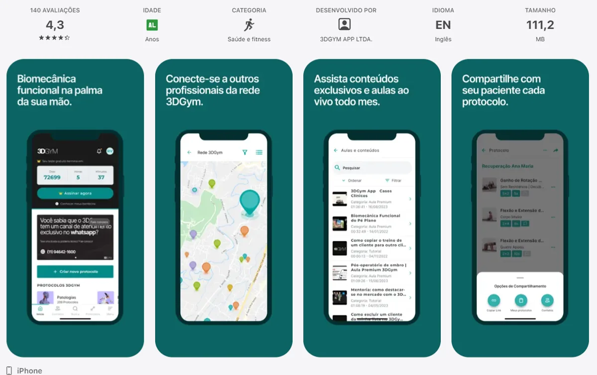 3DGym na App Store, com telas do aplicativo no celular