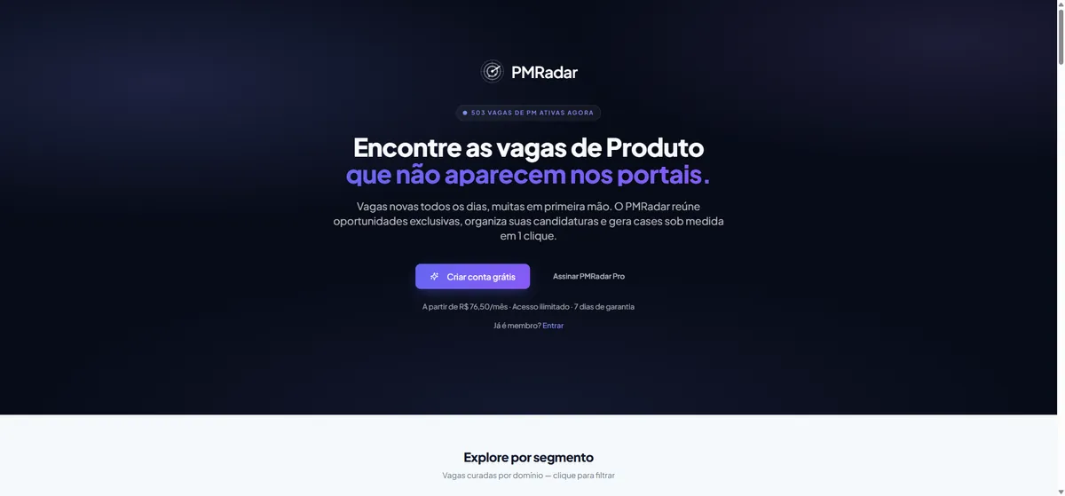 Landing page do PMRadar