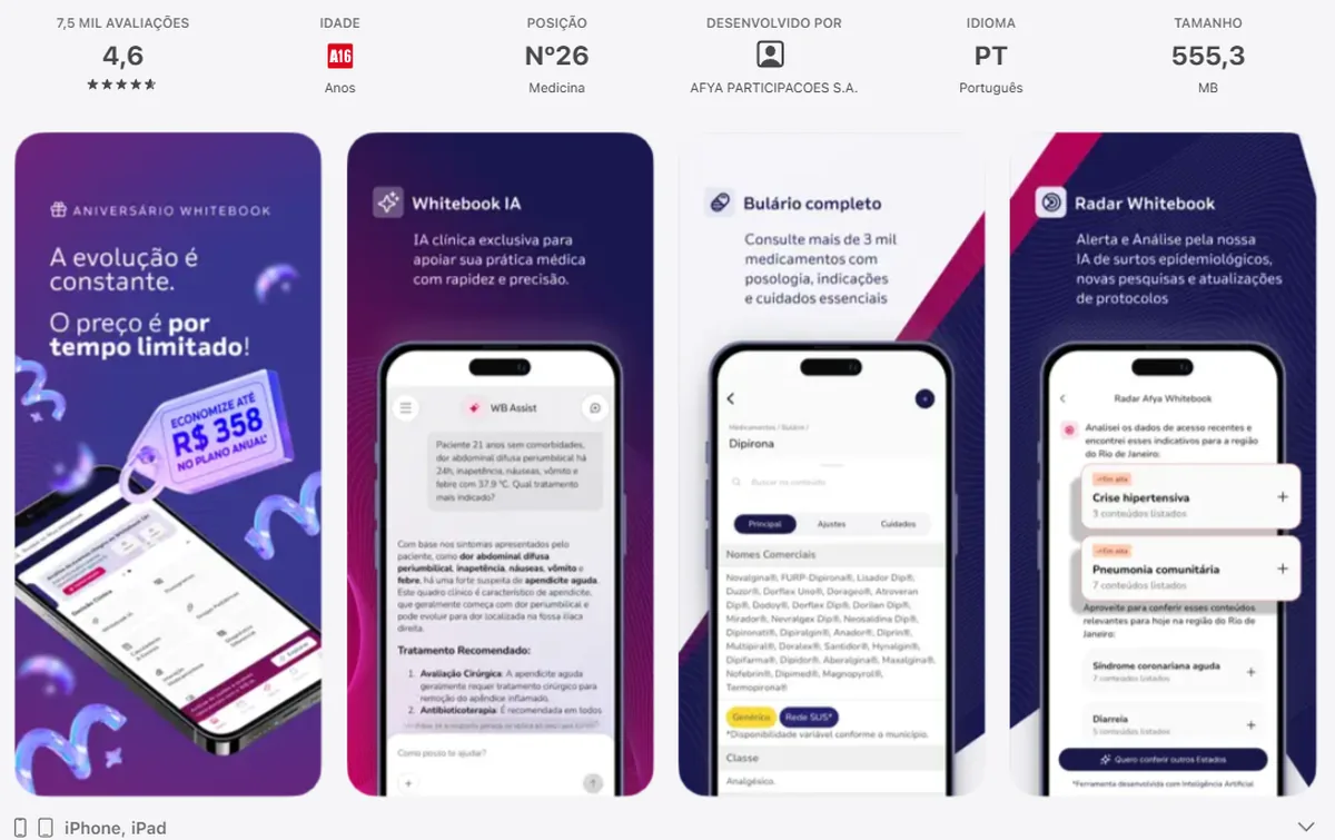 Afya Whitebook na App Store, com telas do aplicativo no celular